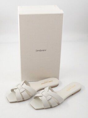 Saint Laurent Tribute Mule Slide-On Sandals In White Leather - Size US 6 (New)